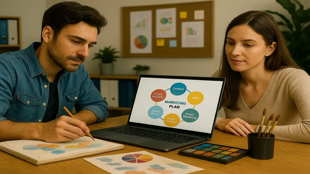 Discussing a marketing plan on laptop.
