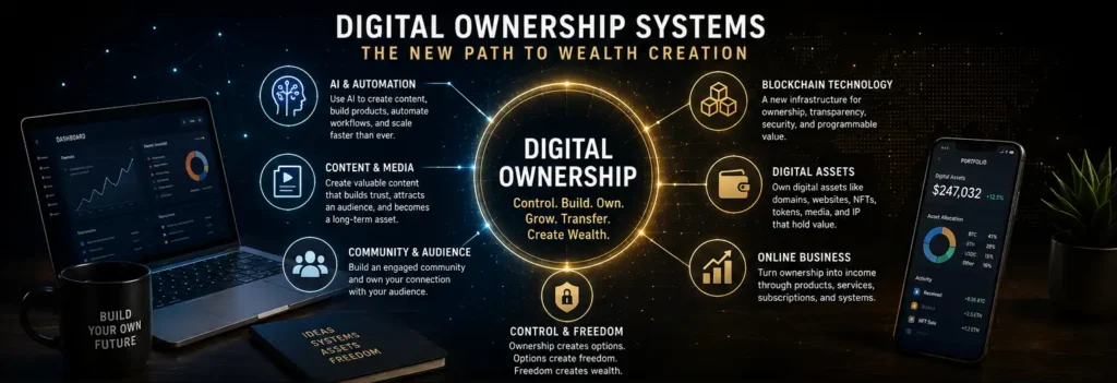 digital ownership systems for wealth creation with AI, blockchain, content platforms, online business, and digital assets