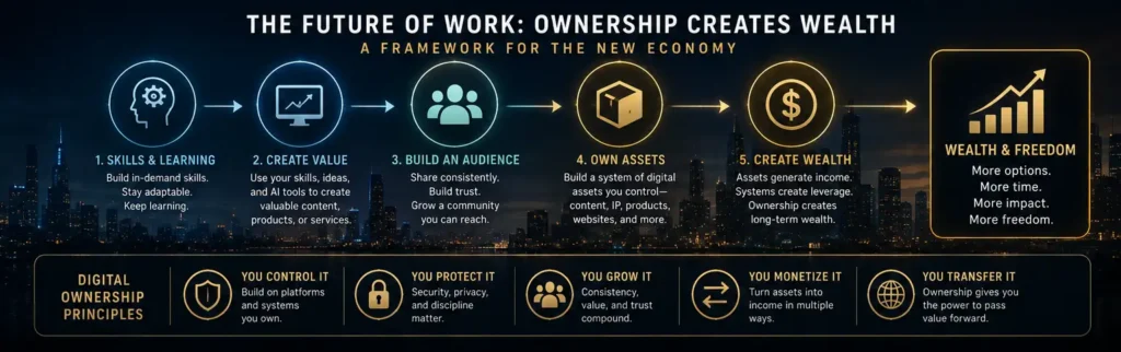future of work digital ownership framework showing AI, blockchain, online income, technology systems, and wealth creation
