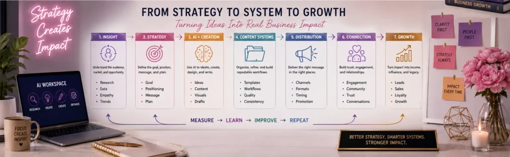 creative strategy framework for AI business showing audience insight, brand positioning, messaging, AI tools, content systems, distribution, and business impact
