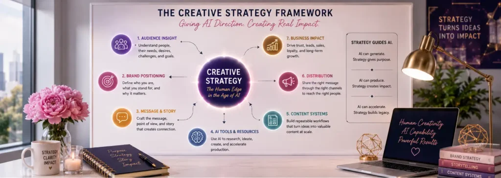 AI creative strategy workflow showing the path from insight and strategy to AI creation, content systems, distribution, connection, and business growth