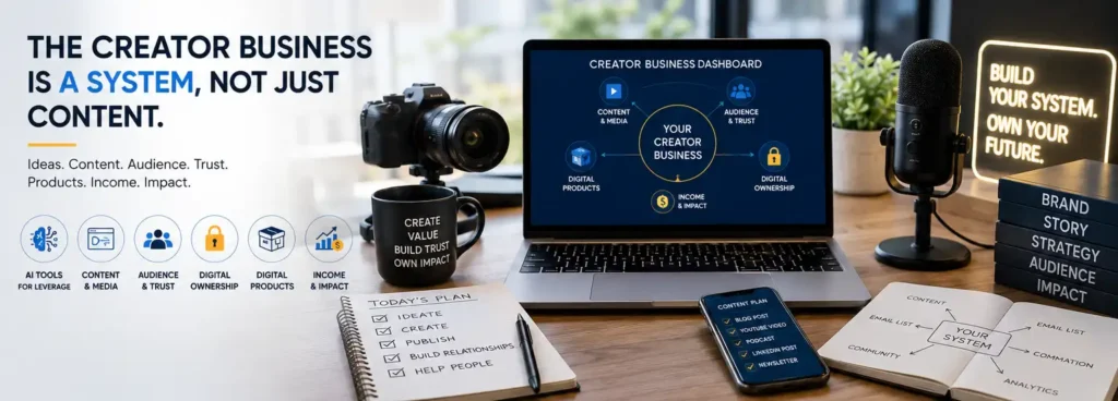 creator business framework showing content systems, audience trust, digital products, AI tools, and owned platforms