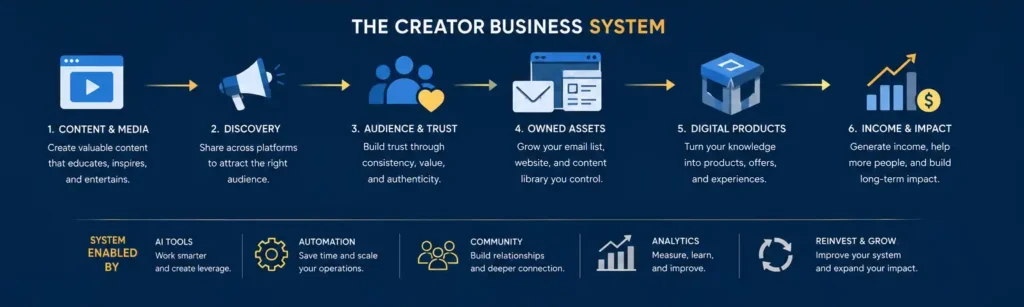 creator business system showing media content, email list, digital products, community, consulting, and recurring revenue