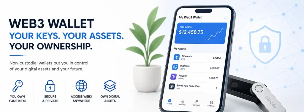 non-custodial Decentralized Web3 wallet framework showing private keys, digital assets, blockchain access, smart contracts, and digital ownership