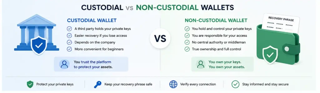 custodial versus non-custodial wallet comparison showing platform control, user control, recovery phrases, private keys, and Web3 access