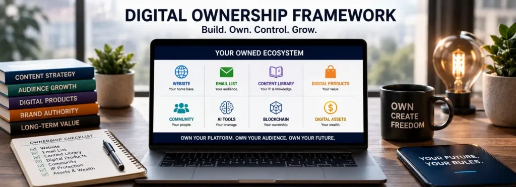 digital ownership framework showing website, email list, content library, digital products, AI tools, and owned media assets