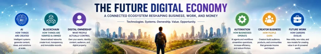 future digital economy framework showing AI, blockchain, automation, digital ownership, creator business, and future work