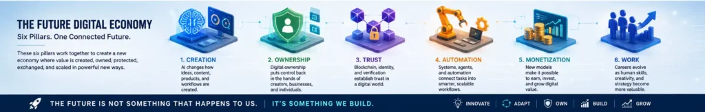 future digital economy map showing AI creation, blockchain ownership, automation systems, creator business, and digital wealth creation