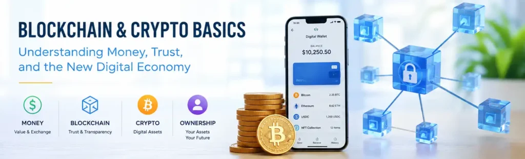 blockchain and crypto basics showing money, trust, ledgers, transactions, and digital ownership