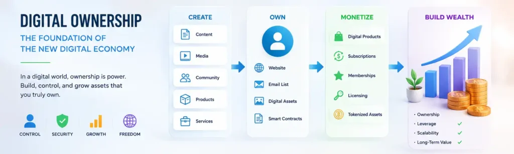digital ownership system showing crypto wallets, blockchain networks, digital assets, smart contracts, and wealth creation