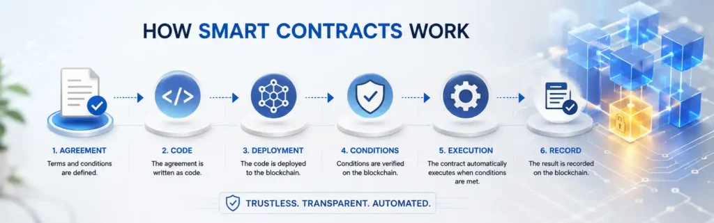 smart contracts explained framework showing digital agreement rules, blockchain verification, automated execution, payments, and ownership transfer