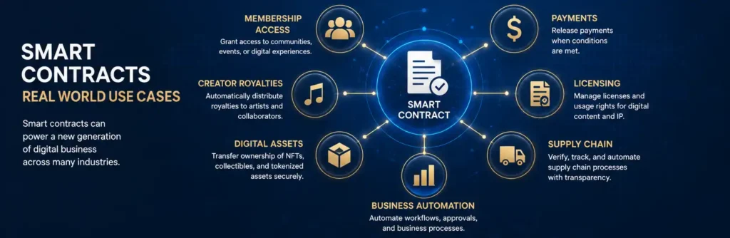 smart contracts use cases showing creator royalties, digital ownership, tokenized assets, membership access, licensing, and automated business workflows