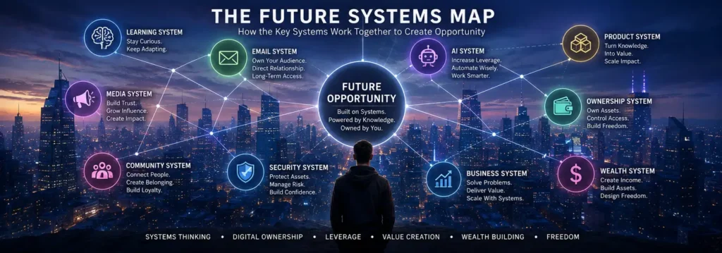 future systems map connecting work, technology, media, ownership, and wealth creation