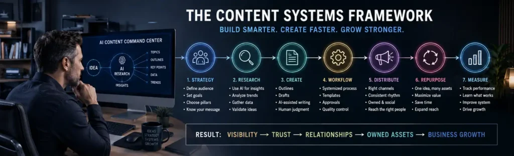 content systems framework showing AI research, content pillars, workflow, distribution, repurposing, and business growth