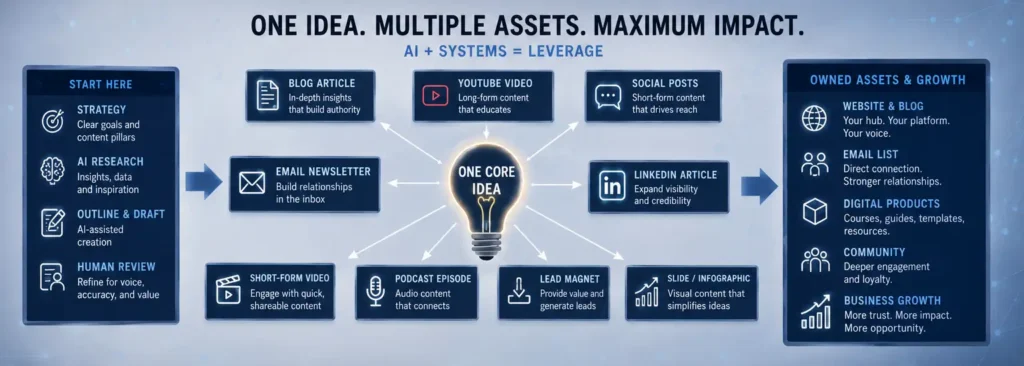 AI content system showing one idea becoming articles, videos, social posts, emails, lead magnets, and owned digital assets