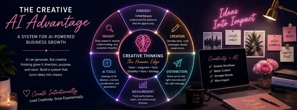 creative AI advantage framework connecting insight, strategy, AI tools, content systems, and business impact