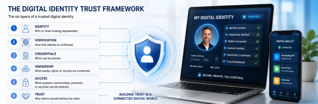 Digital identity trust framework showing verification, credentials, wallet access, ownership records, privacy, and secure online identity.