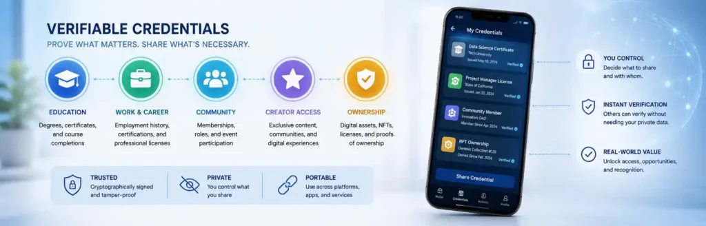 Verifiable digital credentials showing education, work identity, creator access, blockchain records, and trusted online verification.