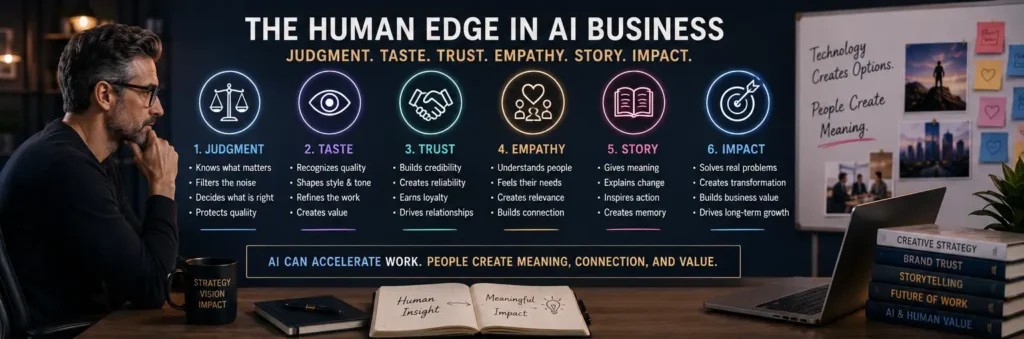 AI business storytelling system showing human creativity, trust, audience connection, brand voice, and strategic impact