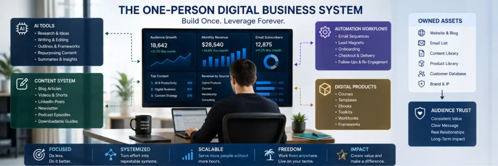 one-person digital business system showing AI tools, automation workflows, content systems, digital products, and audience trust