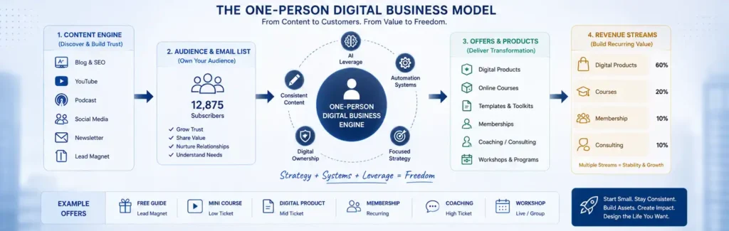one-person digital business model showing content engine, email list, digital products, automation, consulting, and recurring revenue